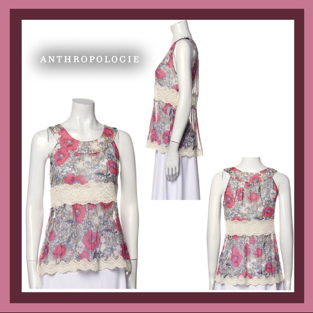 Anna Sui for Anthropologie 100% Silk Floral Lace Sleeveless Blouse Size S